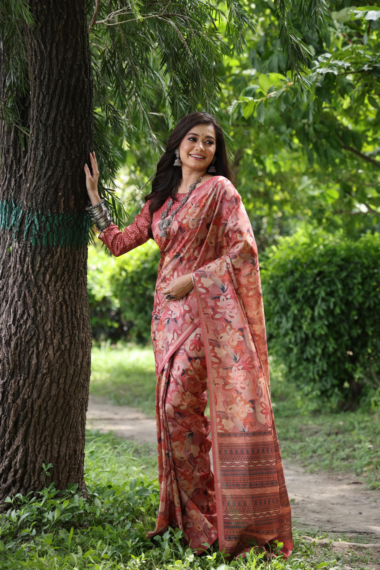 Maroon Tussar Silk Rich Hand Printed Body Pallu With Zari Border Saree