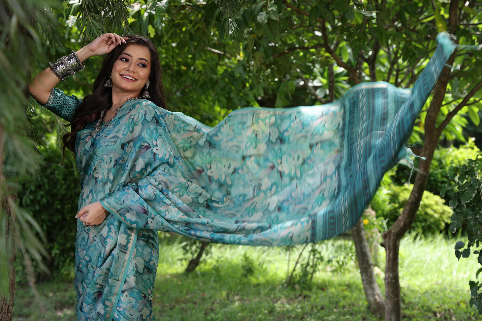 Jade Green Tussar Silk Rich Hand Printed Body Pallu With Zari Border Saree