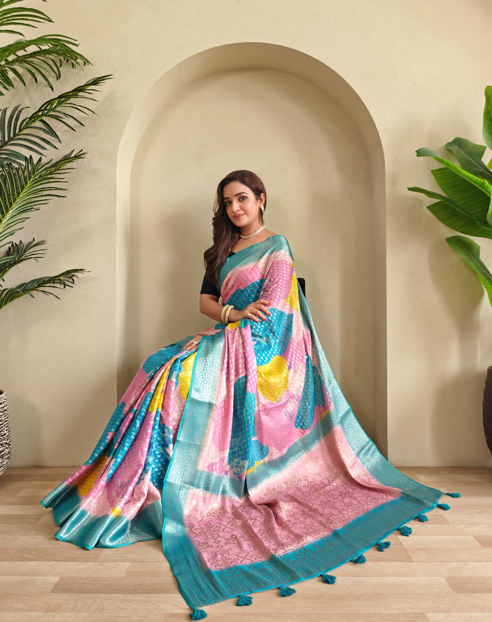 Multicolor Premium Georgette Printed Rich Zari Weaved Body Pallu With Sky Blue Border Saree