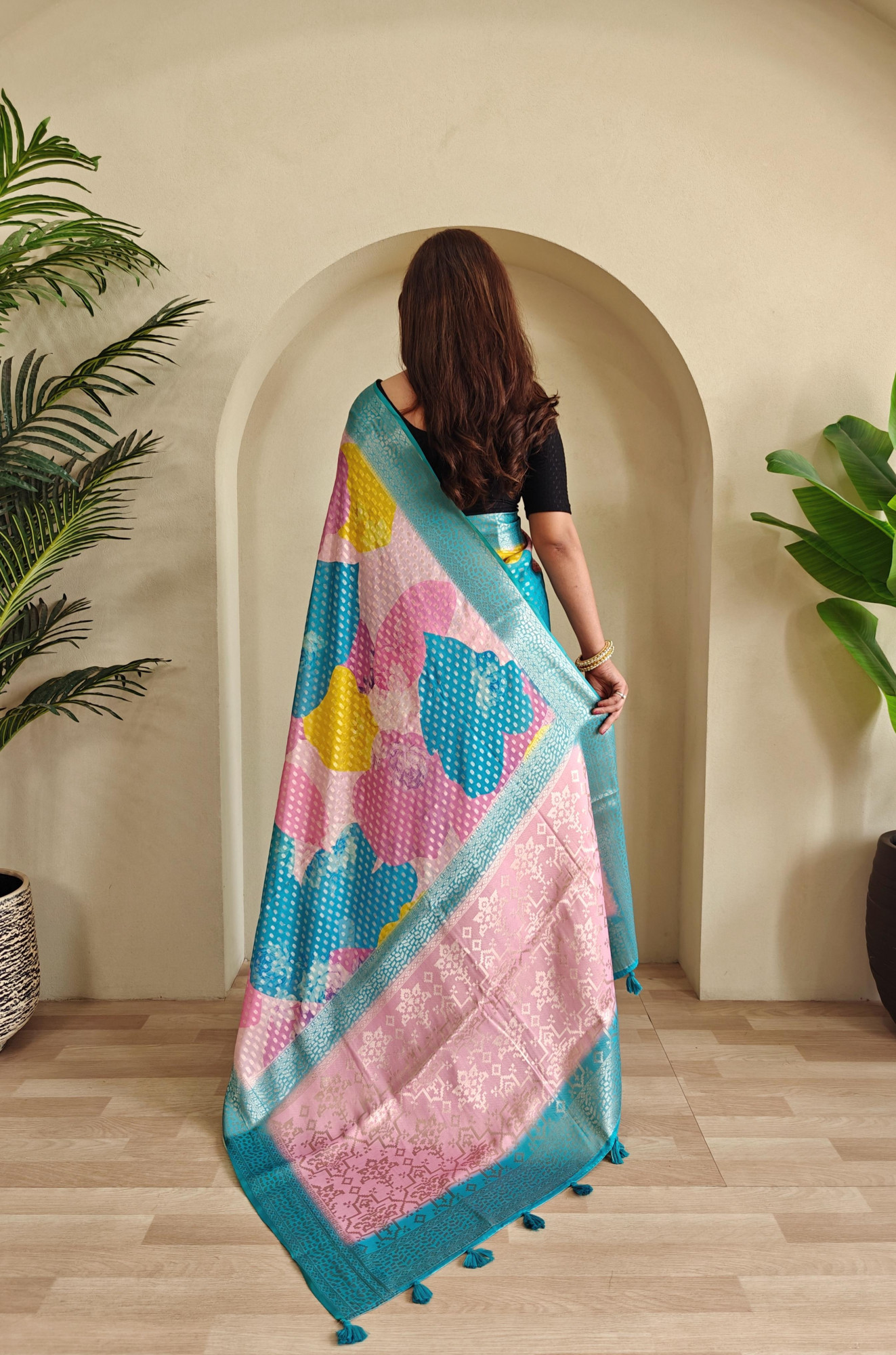 Multicolor Premium Georgette Printed Rich Zari Weaved Body Pallu With Sky Blue Border Saree