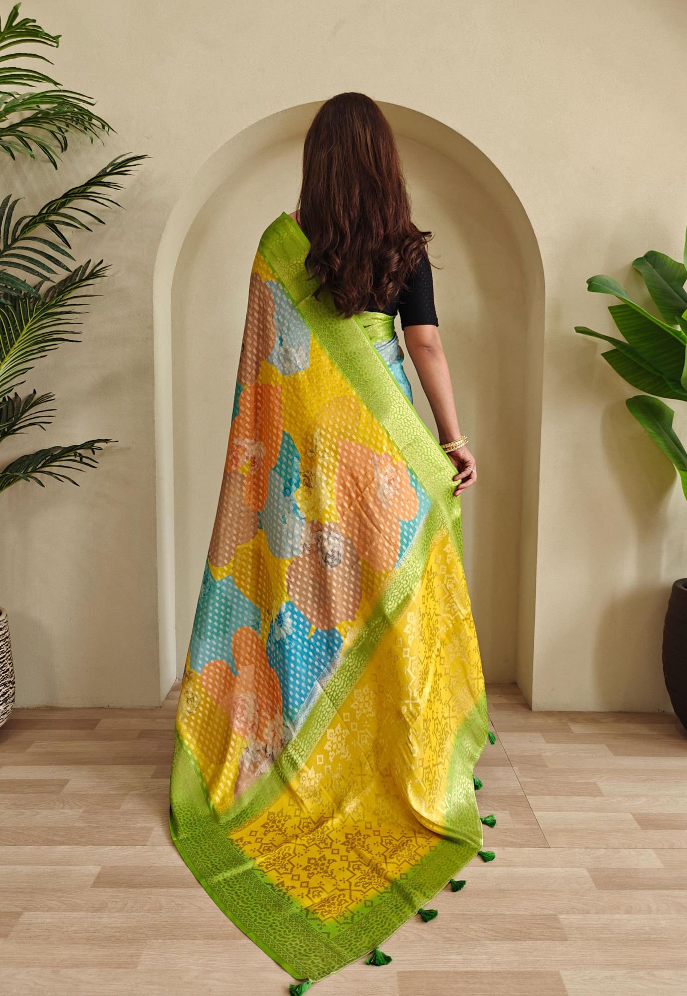 Multicolor Premium Georgette Printed Rich Zari Weaved Body Pallu With Green Border Saree