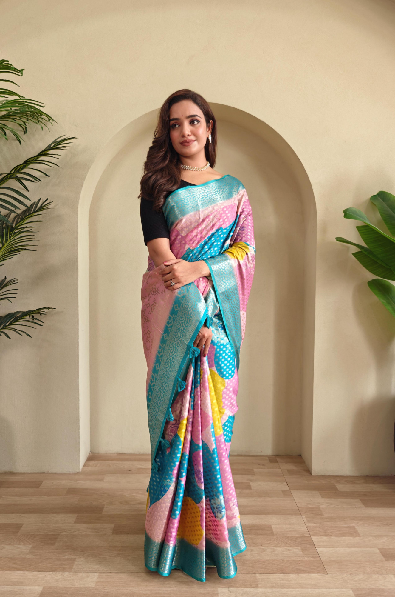 Multicolor Premium Georgette Printed Rich Zari Weaved Body Pallu With Sky Blue Border Saree