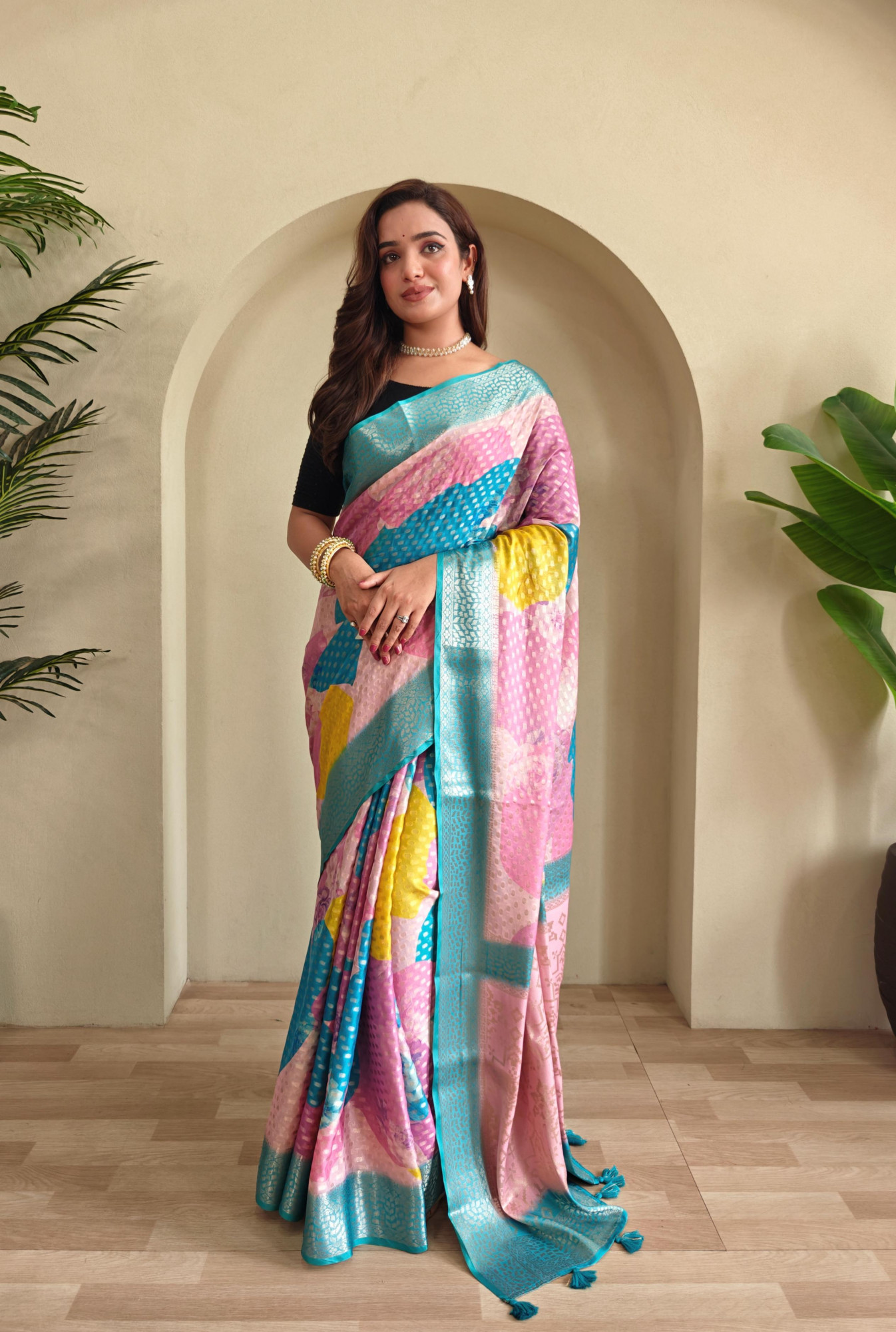 Multicolor Premium Georgette Printed Rich Zari Weaved Body Pallu With Sky Blue Border Saree