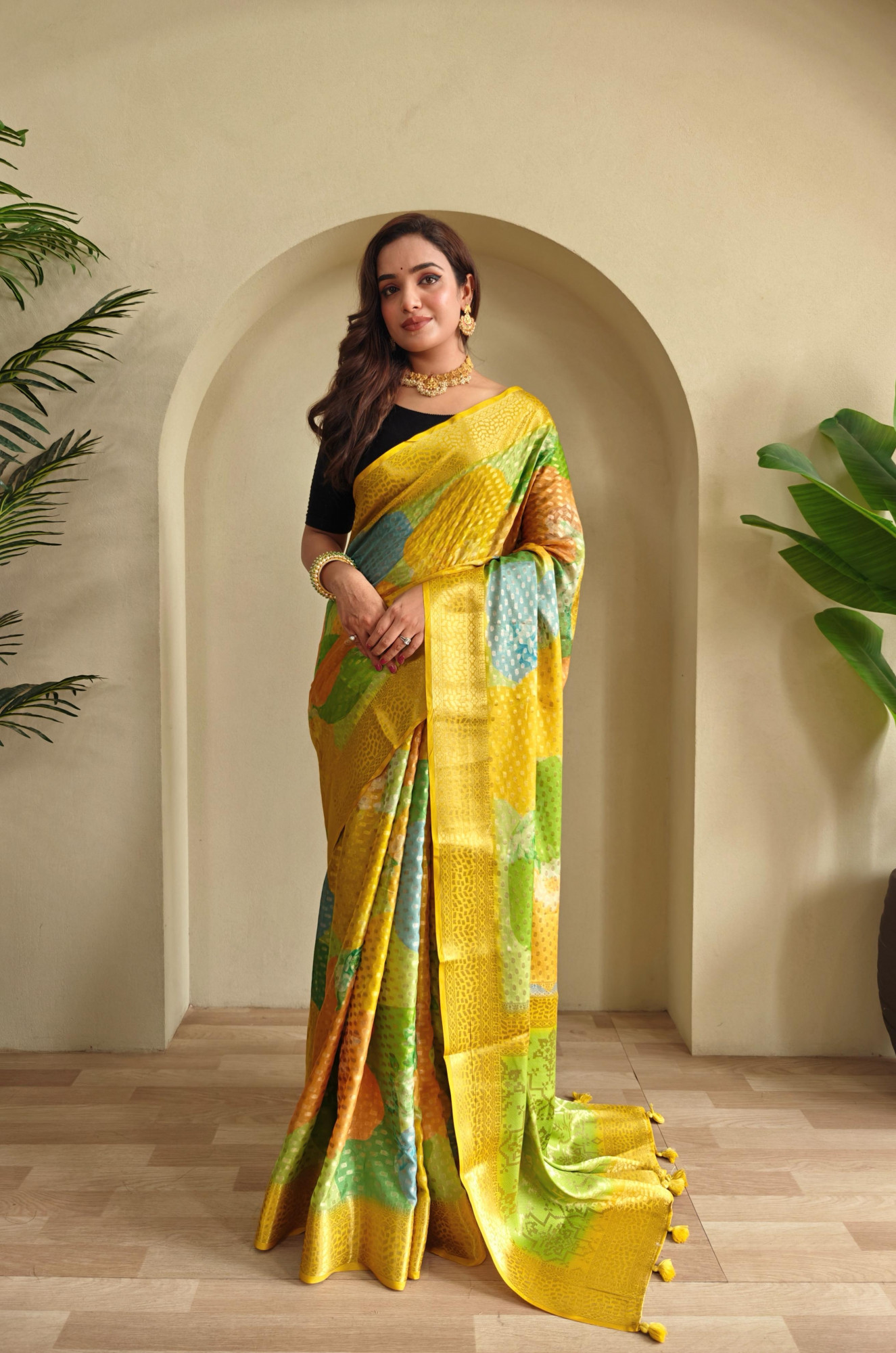 Multicolor Premium Georgette Printed Rich Zari Weaved Body Pallu With Mustard Border Saree