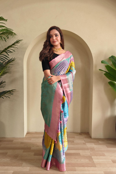Image of Multicolor Premium Georgette Printed Rich Zari Weaved Body Pallu  With Pink Border Saree