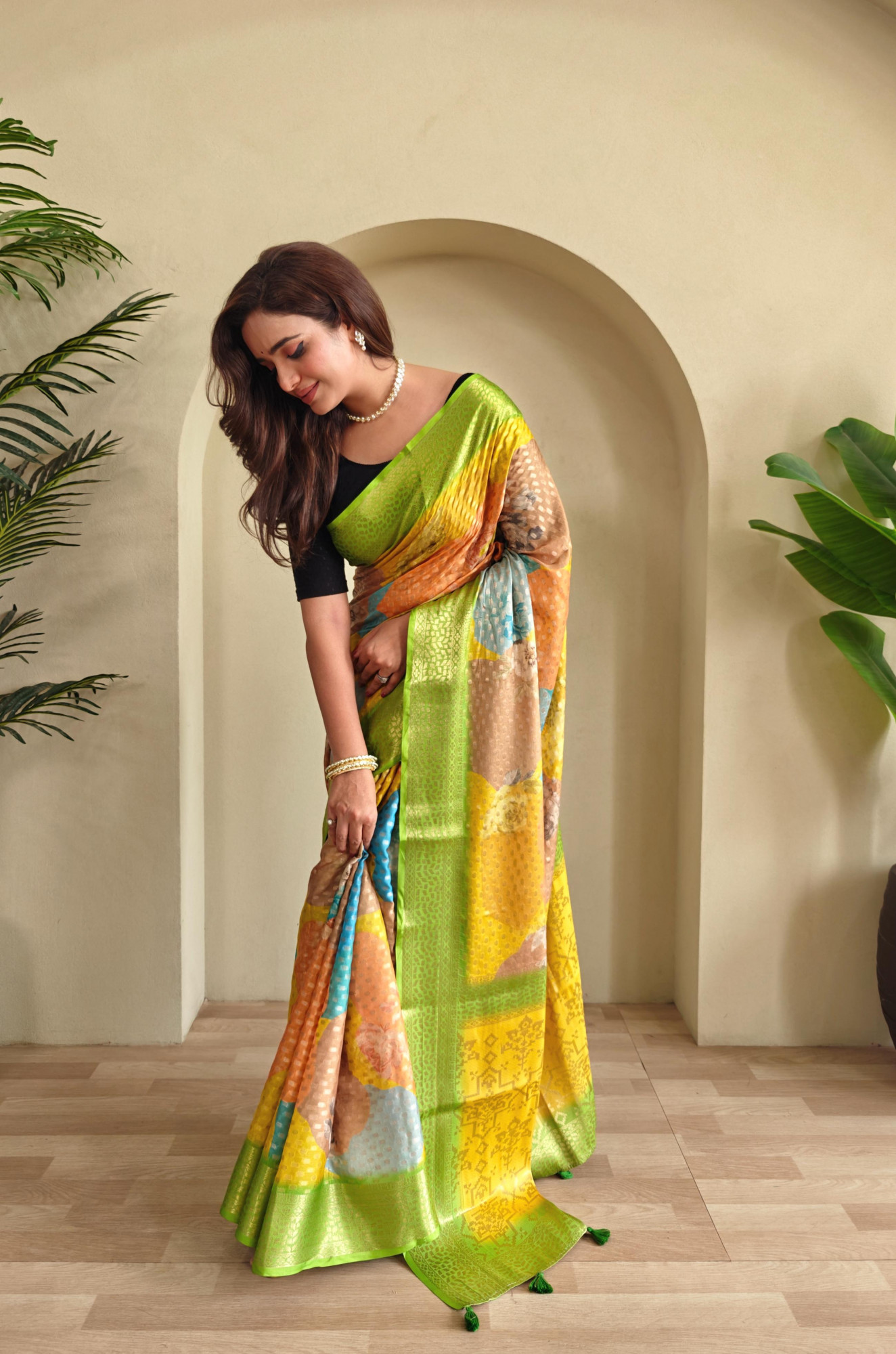 Multicolor Premium Georgette Printed Rich Zari Weaved Body Pallu With Green Border Saree