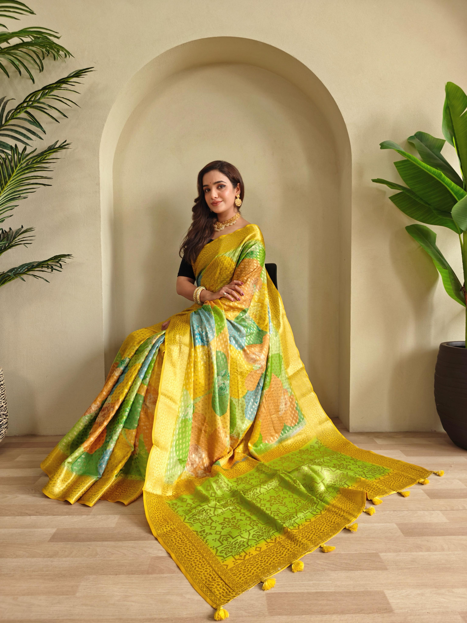Multicolor Premium Georgette Printed Rich Zari Weaved Body Pallu With Mustard Border Saree