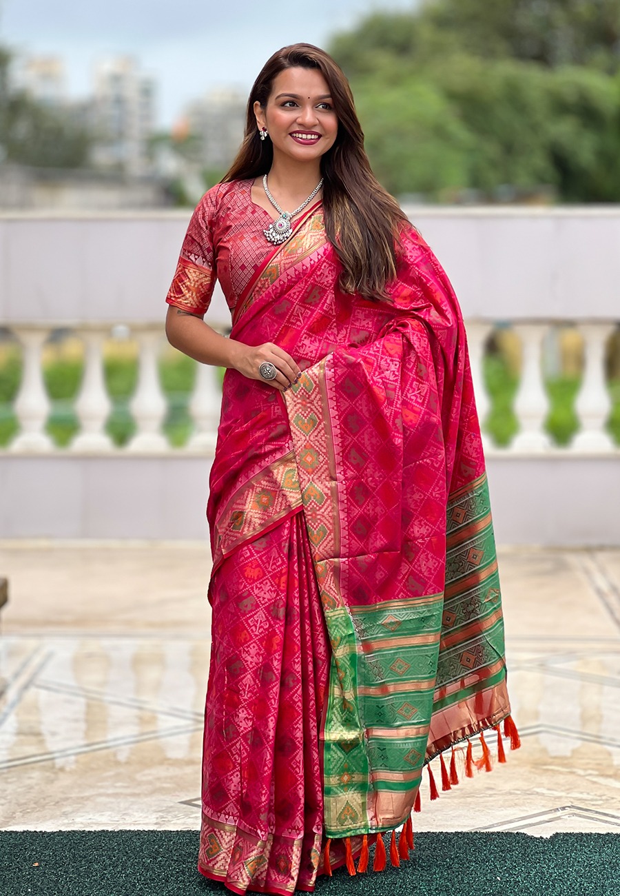 Red Patola Silk Multicolor Weaved All Over Meenakari Rich Pallu Border Saree