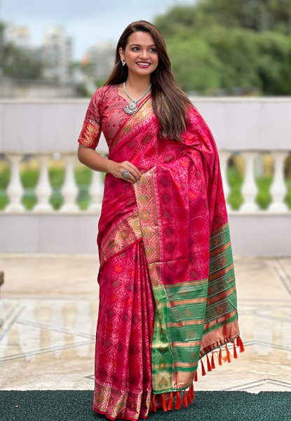 Image of Red Patola Silk Multicolor  Weaved All Over Meenakari Rich Pallu Border Saree