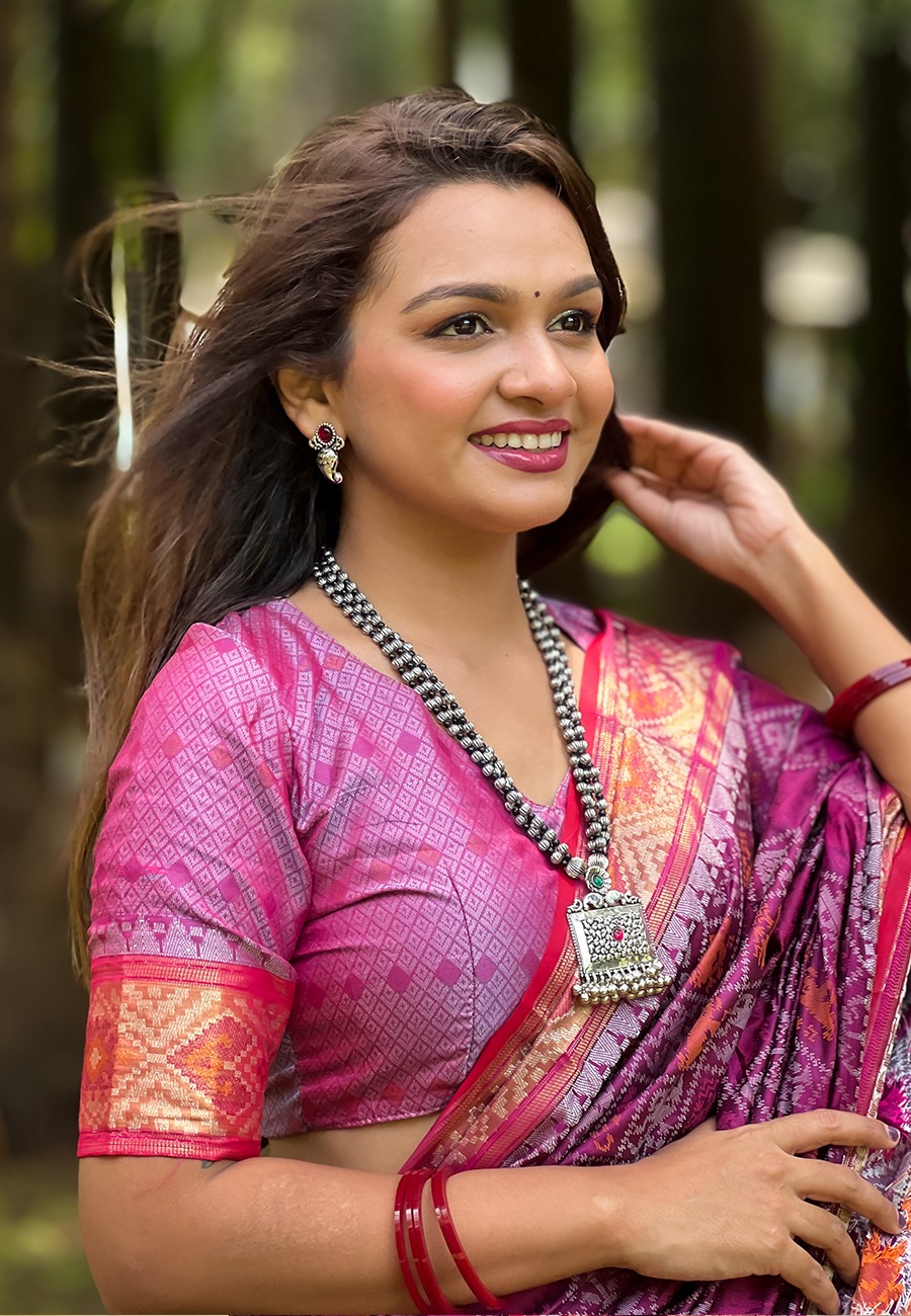 Purple Patola Silk Multicolor Weaved All Over Meenakari Rich Pallu Border Saree