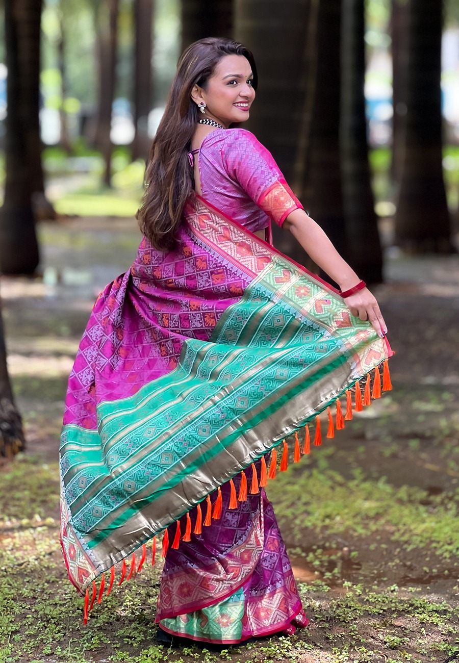 Purple Patola Silk Multicolor Weaved All Over Meenakari Rich Pallu Border Saree
