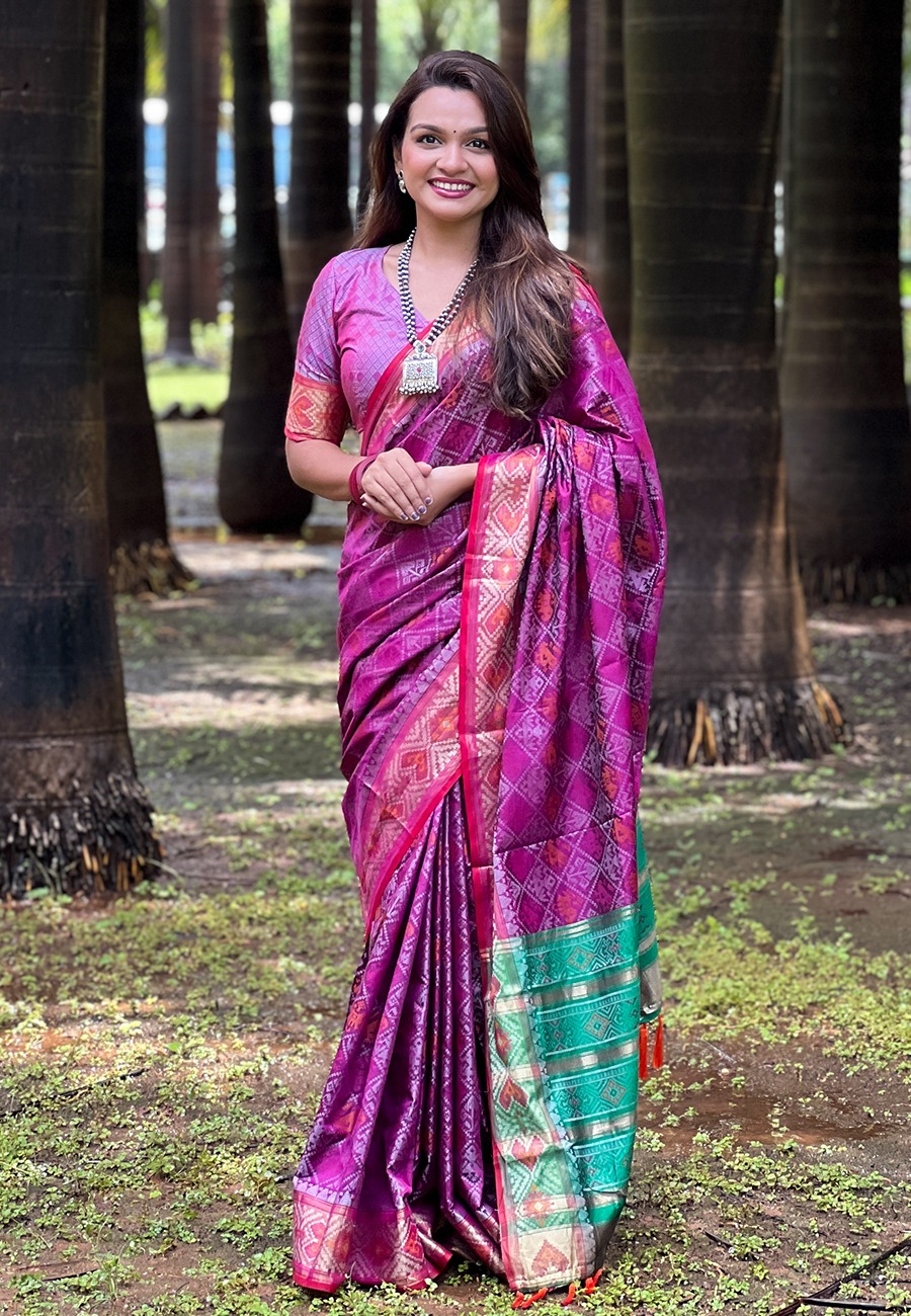 Purple Patola Silk Multicolor Weaved All Over Meenakari Rich Pallu Border Saree