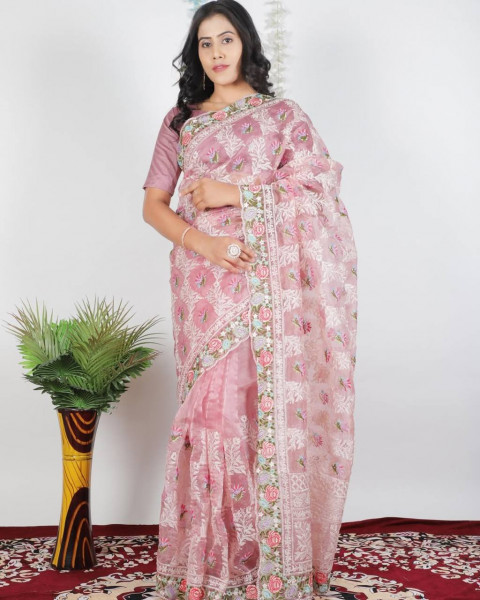 Image of Multicolor Premium Georgette Printed Rich Zari Weaved Body Pallu  With Mustard Border Saree