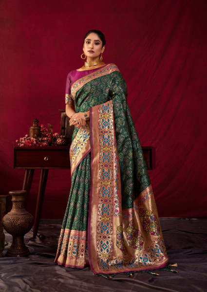 Image of Bottle Green Pure Banarasi Paithani Silk Rich Zari Meena Weaved Pallu Border Saree
