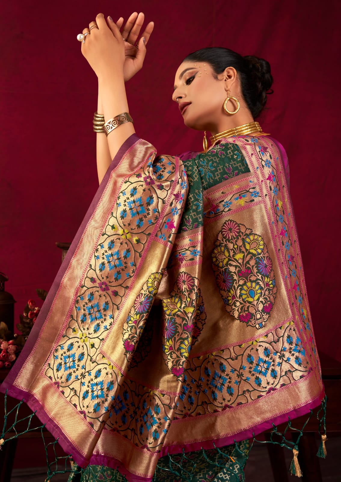 Bottle Green Pure Banarasi Paithani Silk Rich Zari Meena Weaved Pallu Border Saree