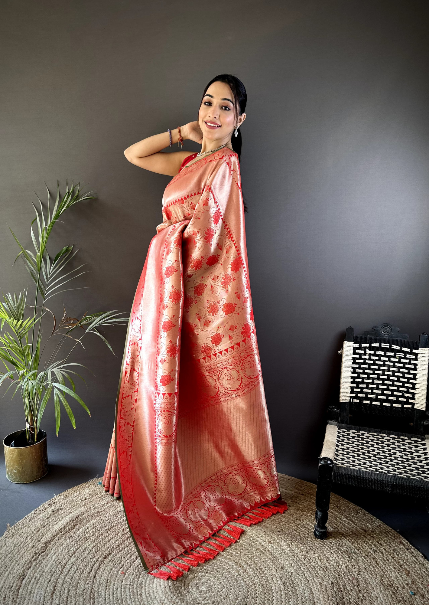 Red Pure Banarasi Silk Jacquard Weaved All Over With Designer Border Saree