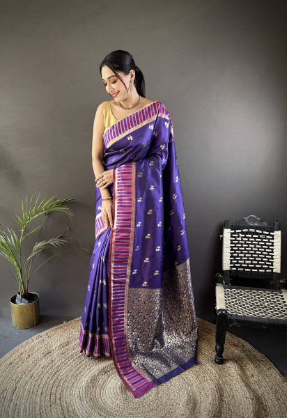Image of Blue Pure Banarasi Silk Jacquard Weaved All Over With Designer Border Saree