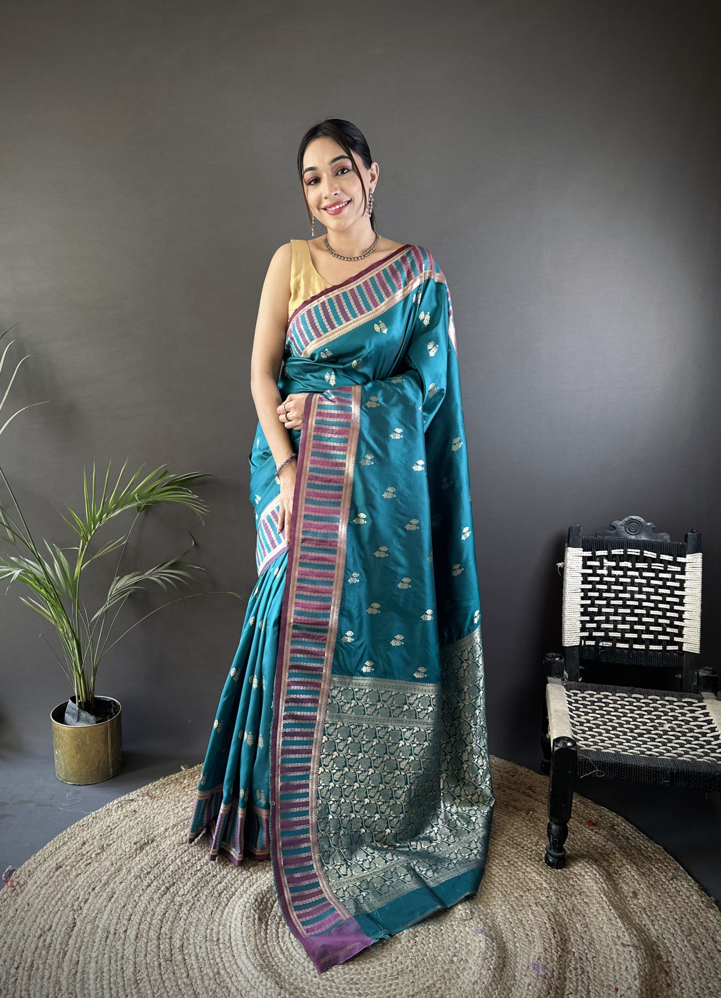Teal Pure Banarasi Silk Jacquard Weaved All Over With Designer Border Saree