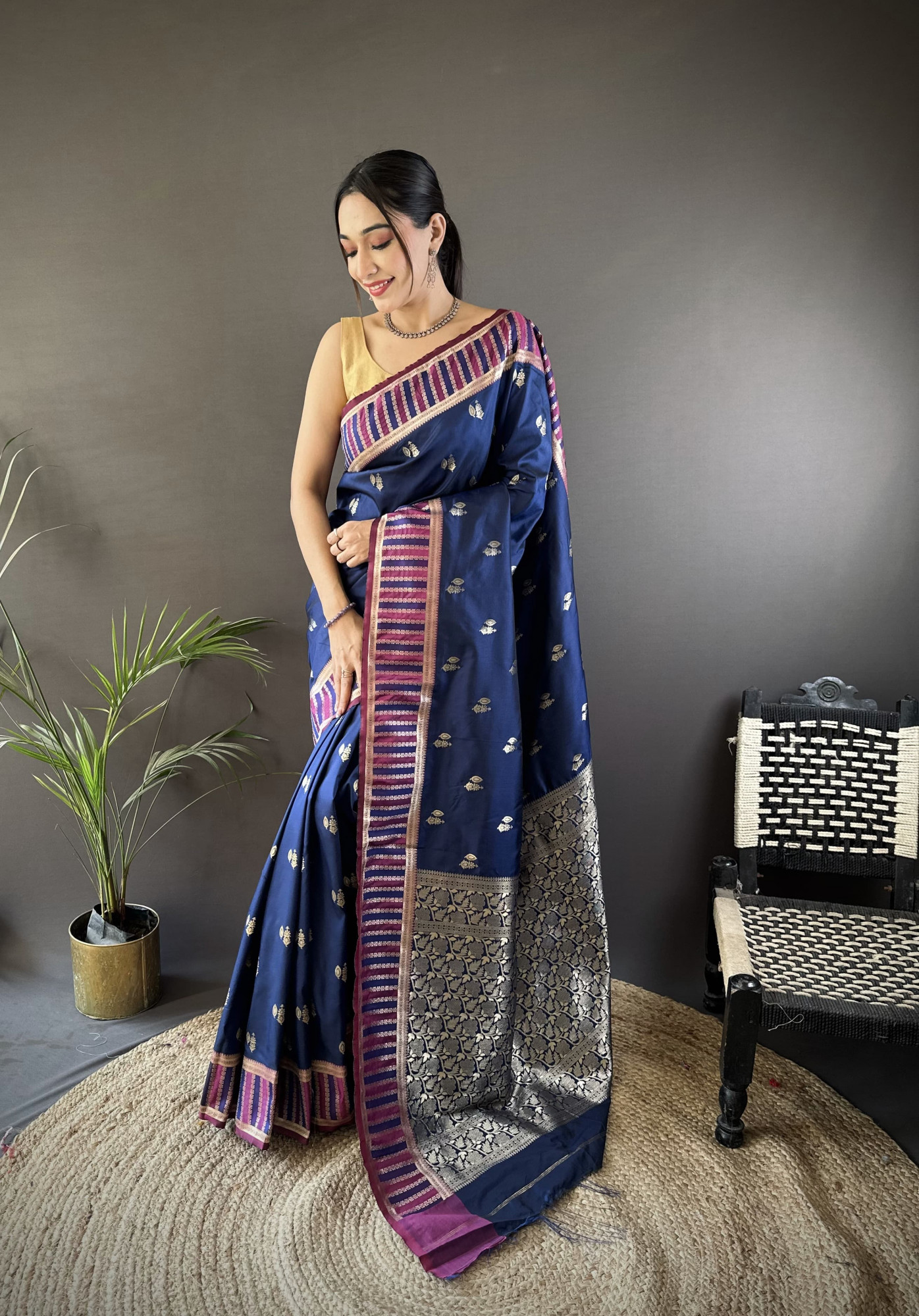 Navy Blue Pure Banarasi Silk Jacquard Weaved All Over With Designer Border Saree
