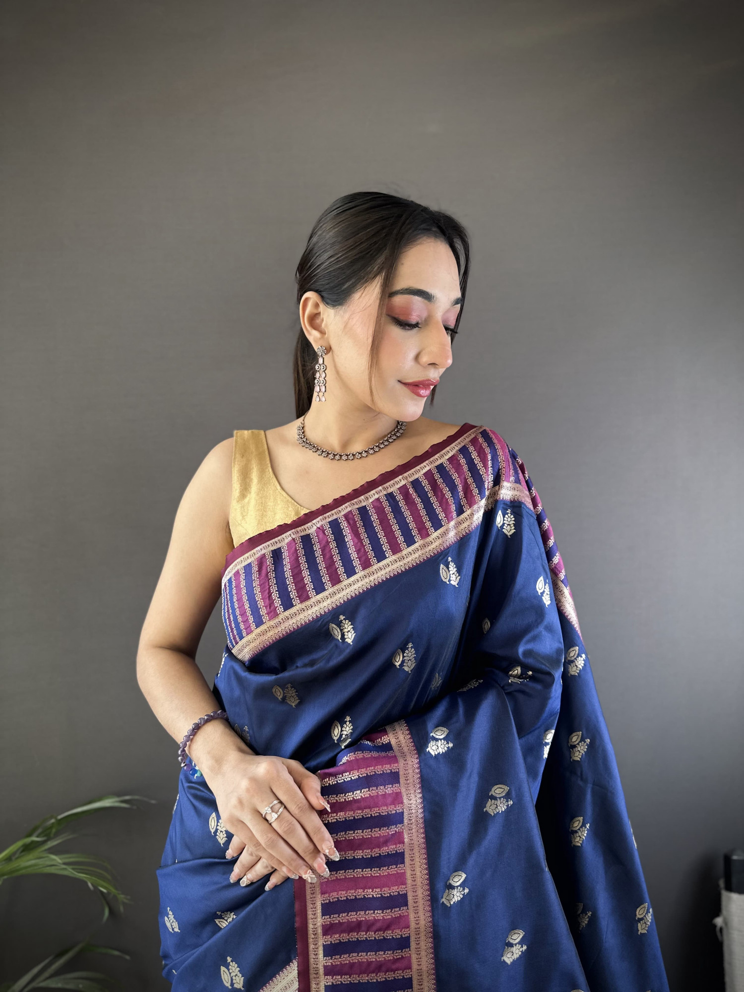 Navy Blue Pure Banarasi Silk Jacquard Weaved All Over With Designer Border Saree