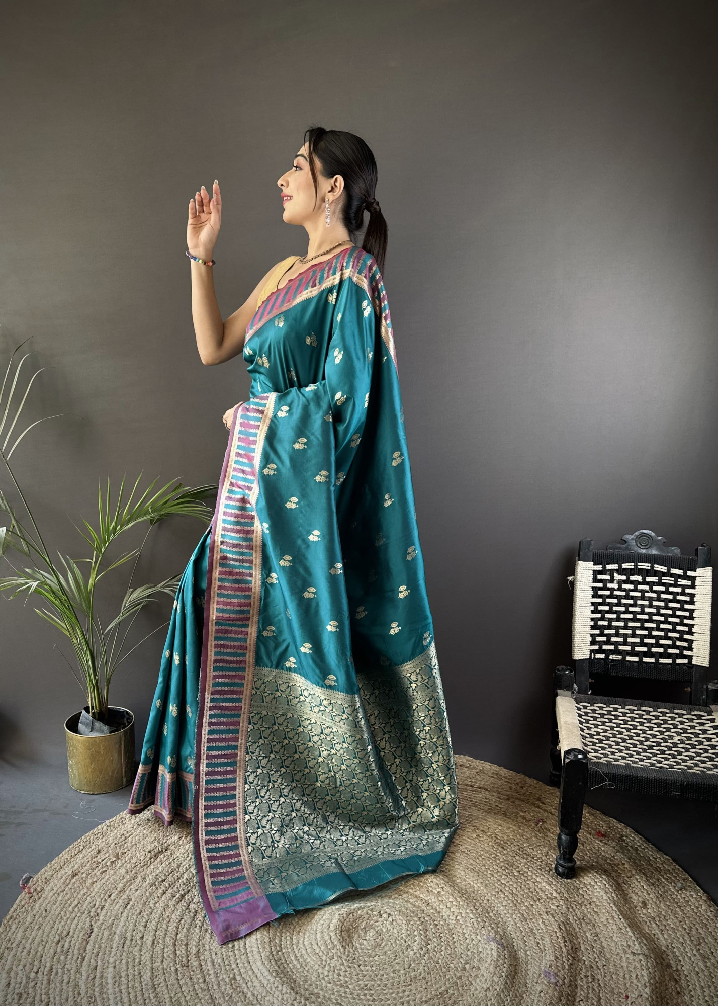 Teal Pure Banarasi Silk Jacquard Weaved All Over With Designer Border Saree