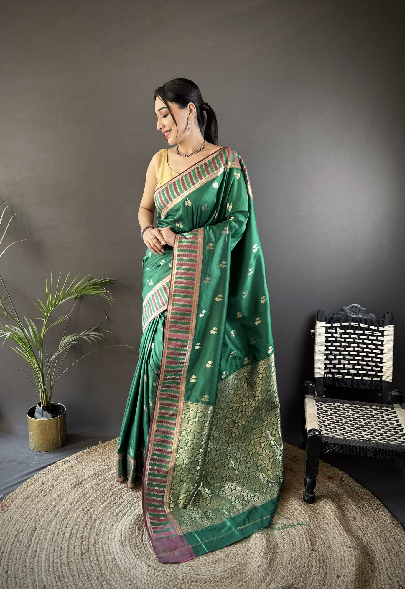 Green Pure Banarasi Silk Jacquard Weaved All Over With Designer Border Saree