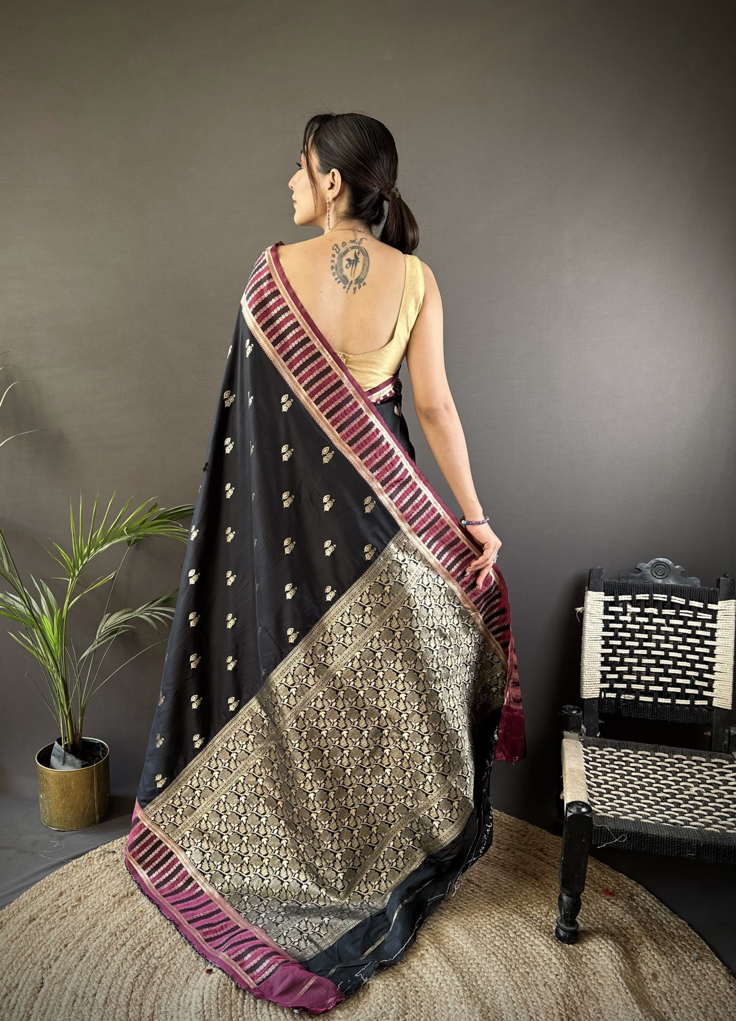 Black Pure Banarasi Silk Jacquard Weaved All Over With Designer Border Saree