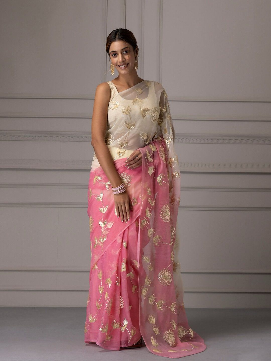 Pink Organza Silk Gota Patti Work With Padding Tone Saree