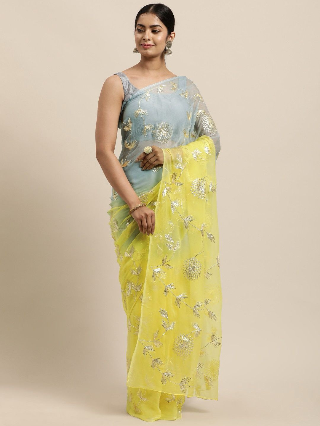 Lemon Organza Silk Gota Patti Work With Padding Tone Saree