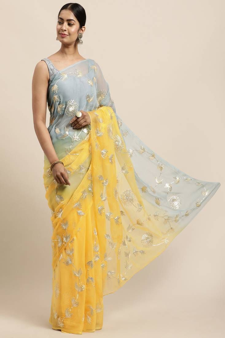 Yellow Organza Silk Gota Patti Work With Padding Tone Saree