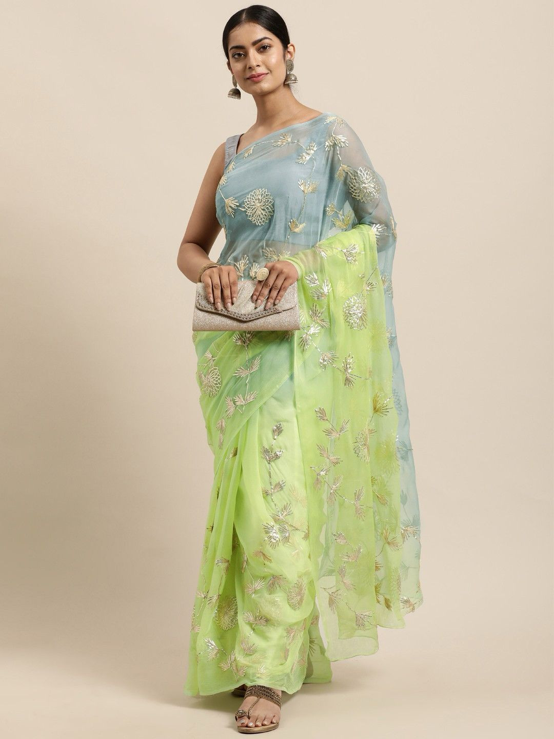 Pistachio Green Organza Silk Gota Patti Work With Padding Tone Saree