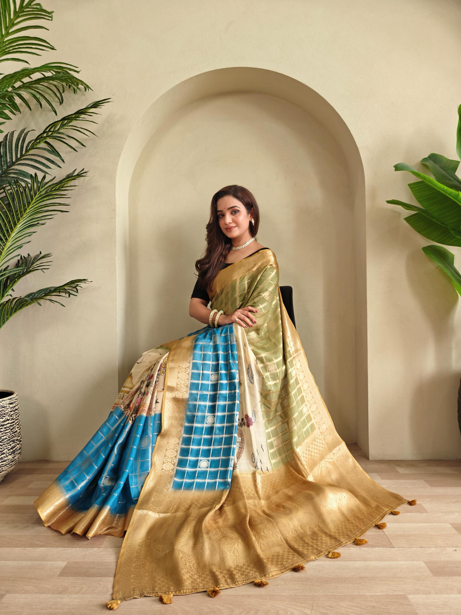 Turquoise Premium Weaved Georgette Zari Check Printed Saree