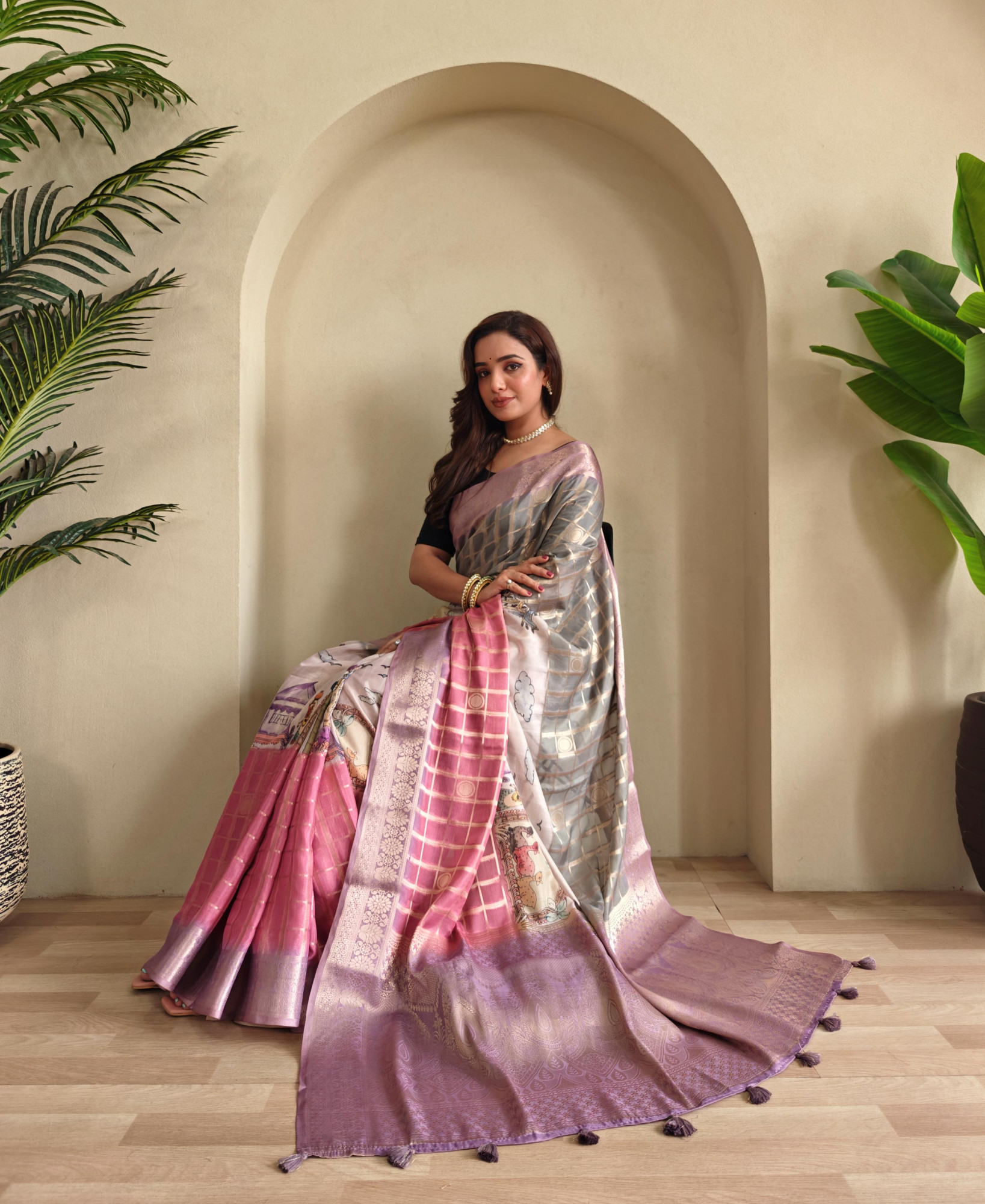 Pink Premium Weaved Georgette Zari Check Printed Saree