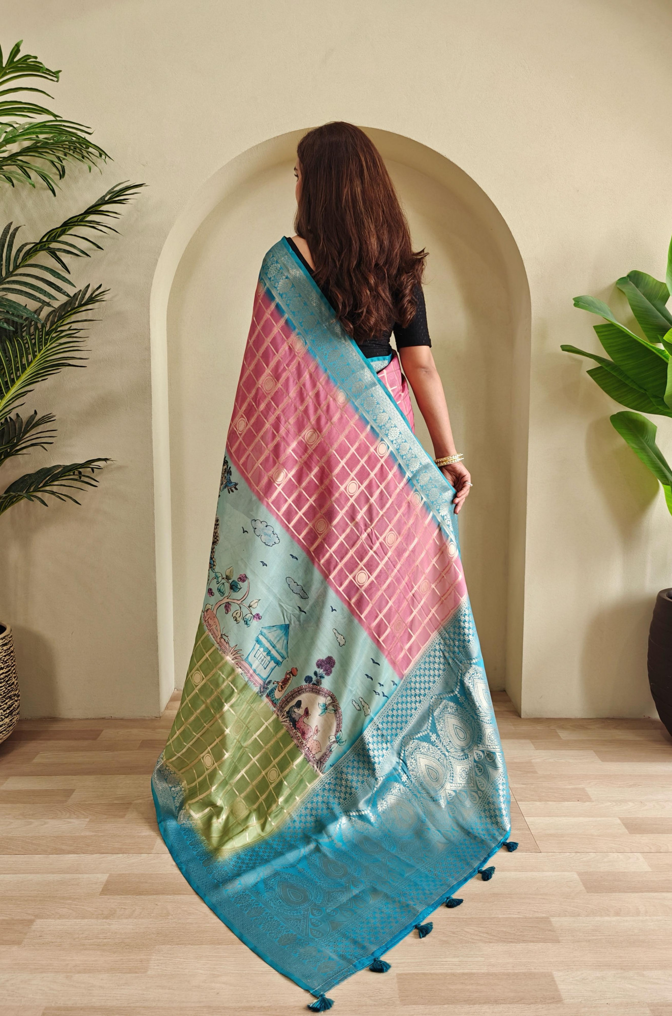 Olive Green Premium Weaved Georgette Zari Check Printed Saree