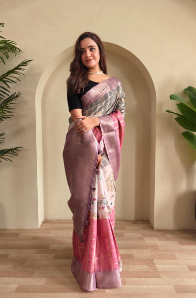 Image of Pink Premium Weaved Georgette Zari Check Printed Saree