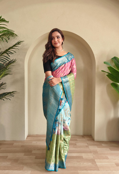 Image of Olive Green Premium Weaved Georgette Zari Check Printed Saree