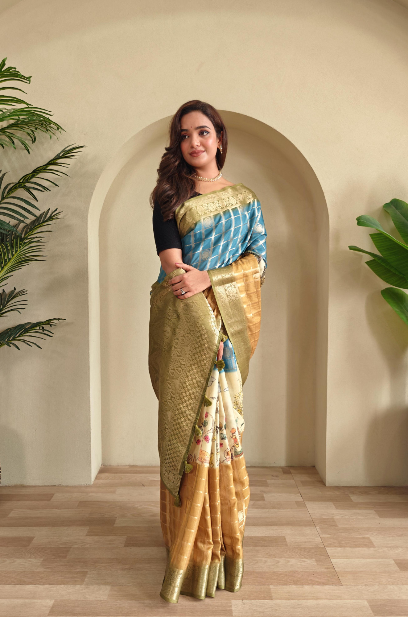 Light Rust Premium Weaved Georgette Zari Check Printed Saree