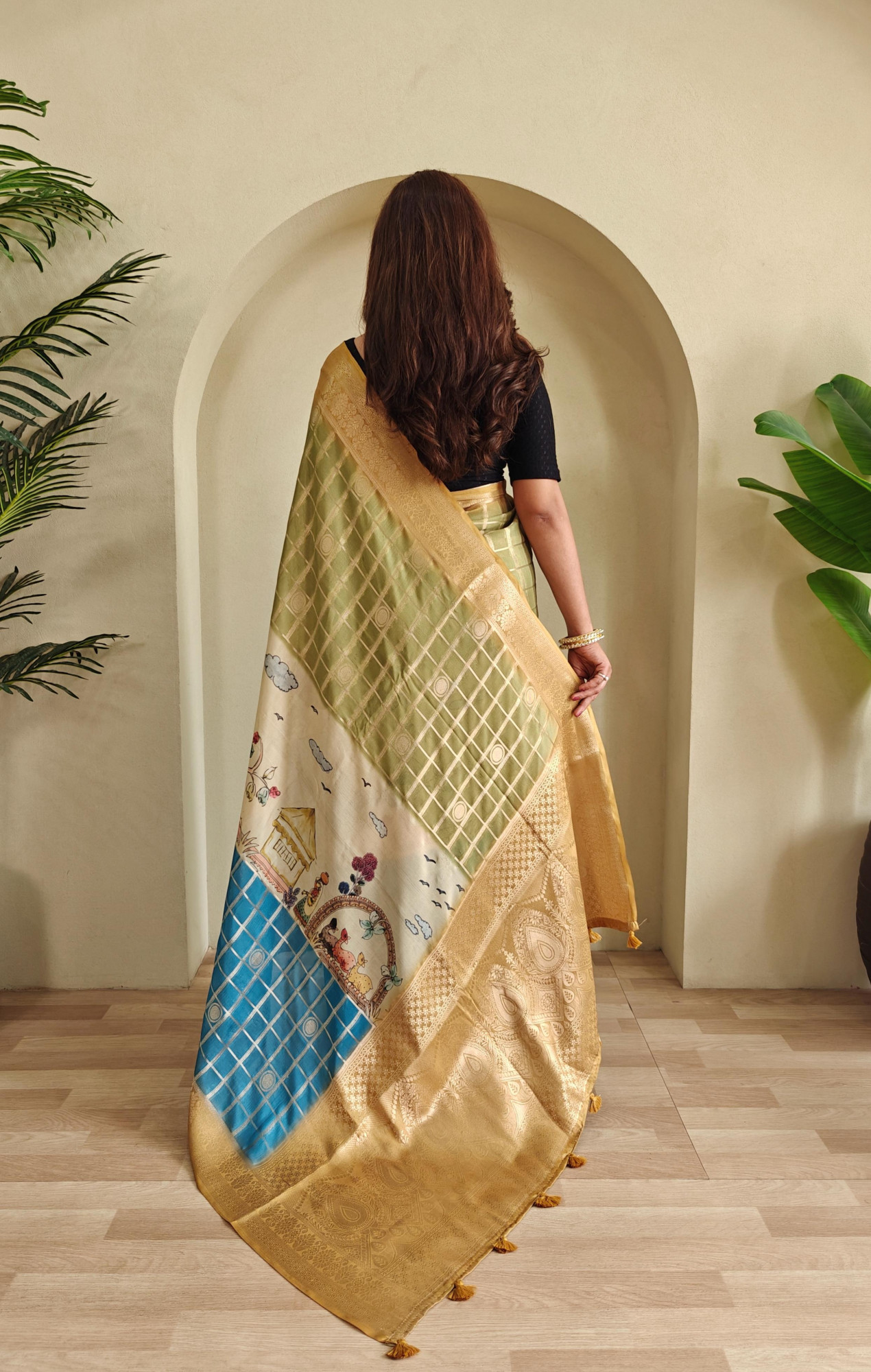 Turquoise Premium Weaved Georgette Zari Check Printed Saree