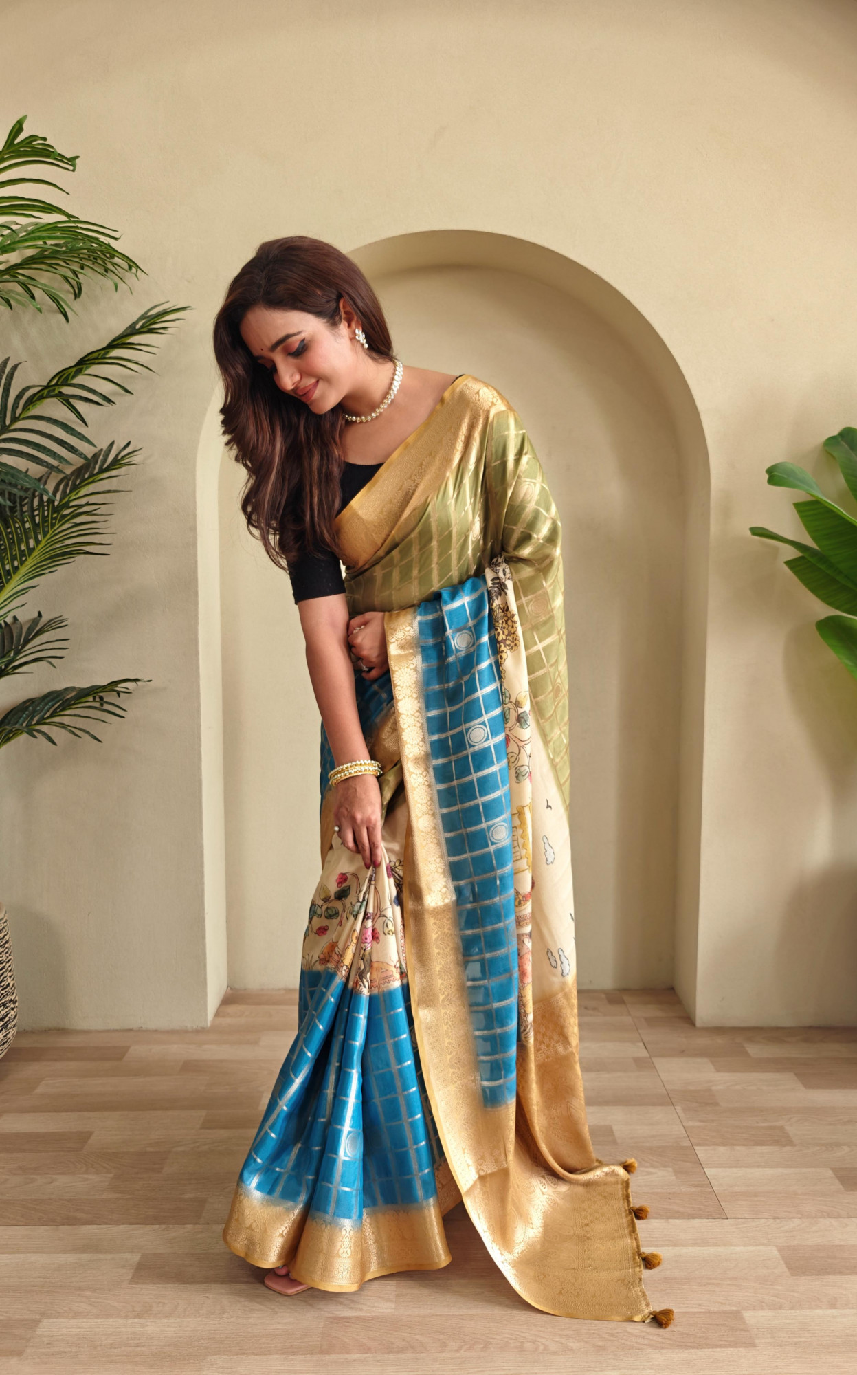 Turquoise Premium Weaved Georgette Zari Check Printed Saree
