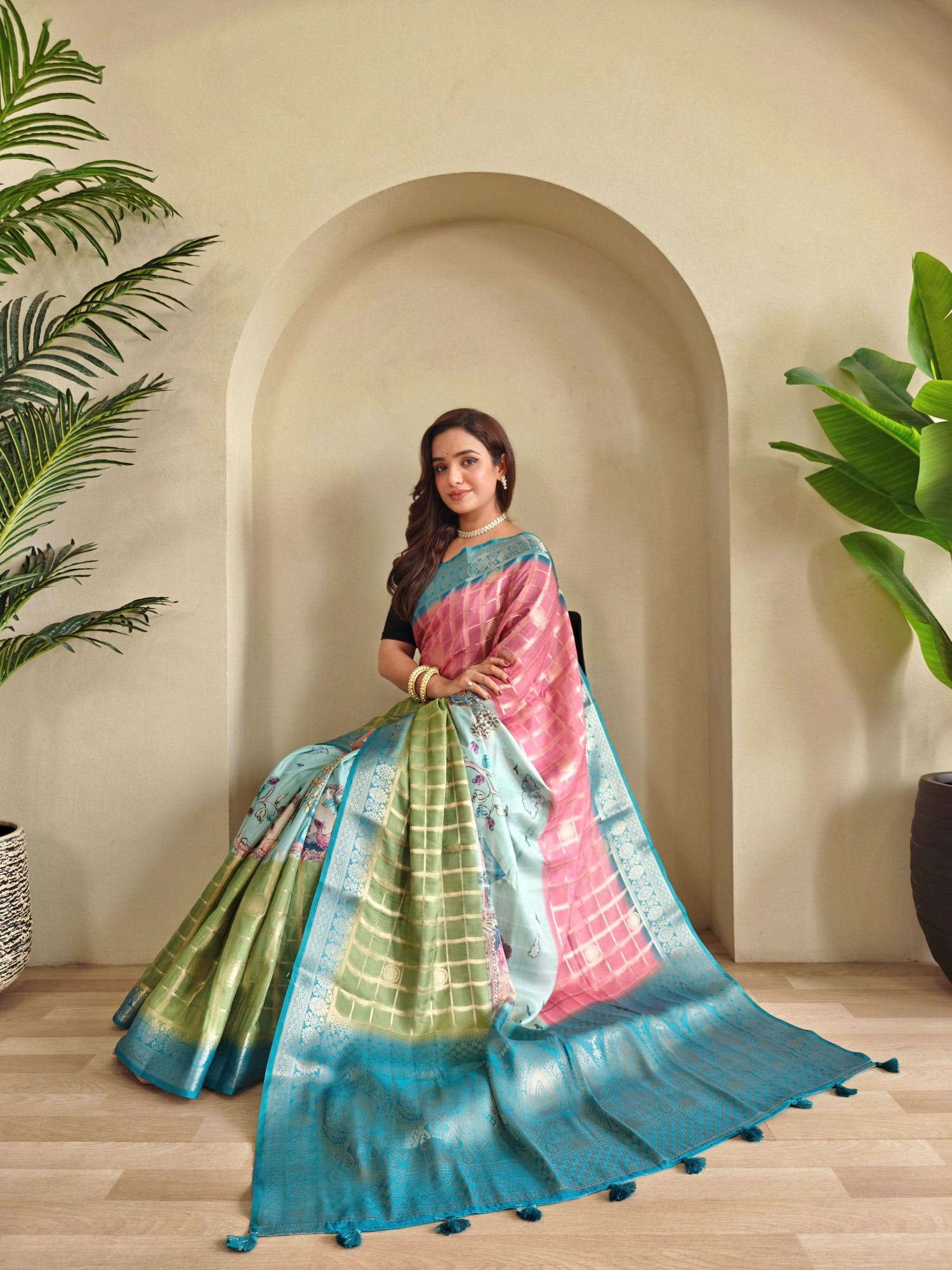 Olive Green Premium Weaved Georgette Zari Check Printed Saree