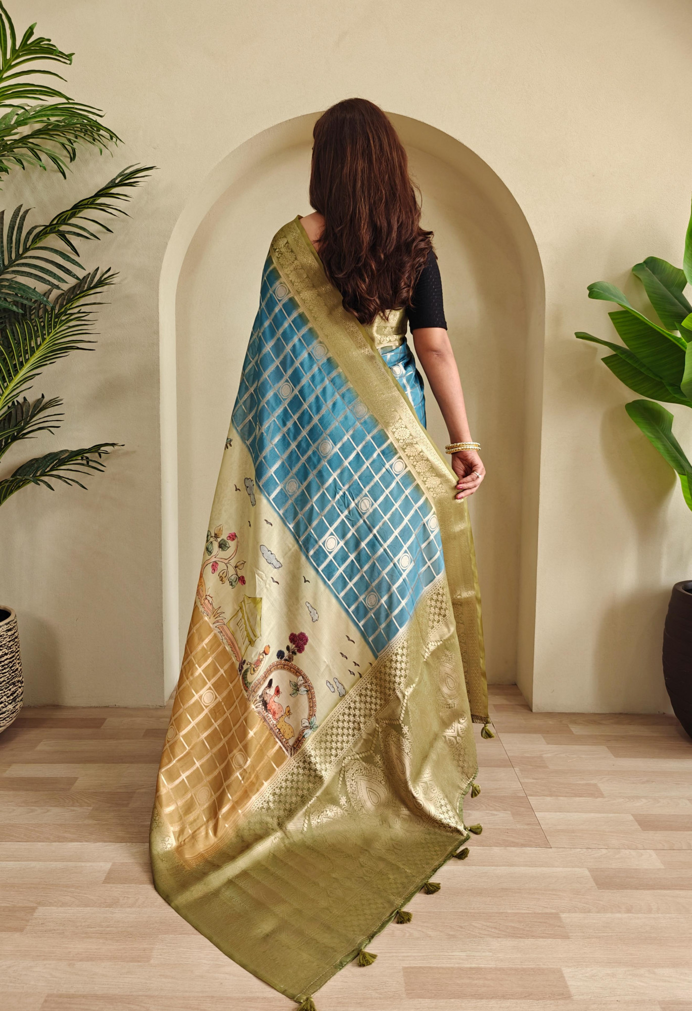Light Rust Premium Weaved Georgette Zari Check Printed Saree