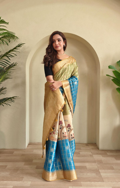 Image of Turquoise Premium Weaved Georgette Zari Check Printed Saree