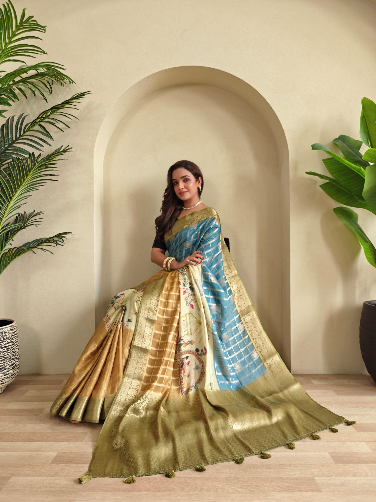 Light Rust Premium Weaved Georgette Zari Check Printed Saree