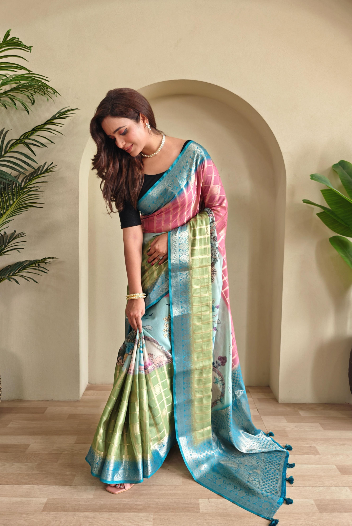 Olive Green Premium Weaved Georgette Zari Check Printed Saree