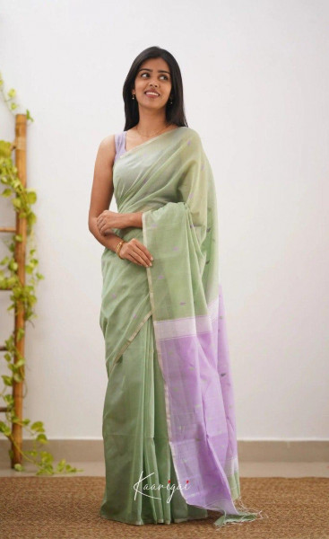 Image of Pistachio Pure Linen Ultra Soft Resham Weaved Borderless Saree