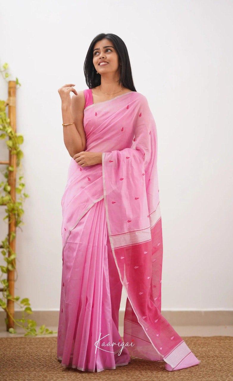 Pink Pure Linen Ultra Soft Resham Weaved Borderless Saree