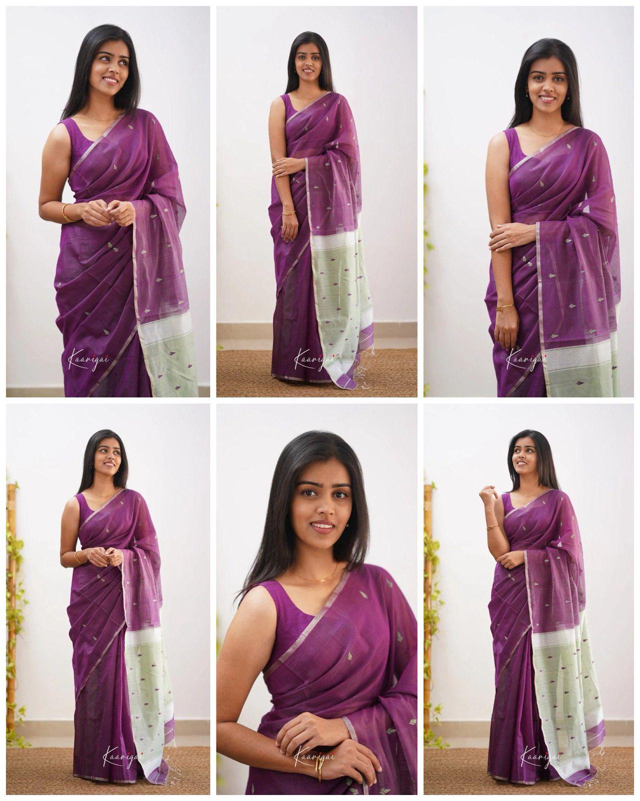 Dark Purple Pure Linen Ultra Soft Resham Weaved Borderless Saree