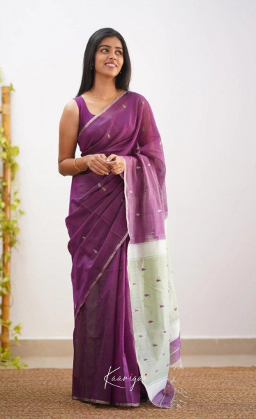 Image of Dark Purple Pure Linen Ultra Soft Resham Weaved Borderless Saree