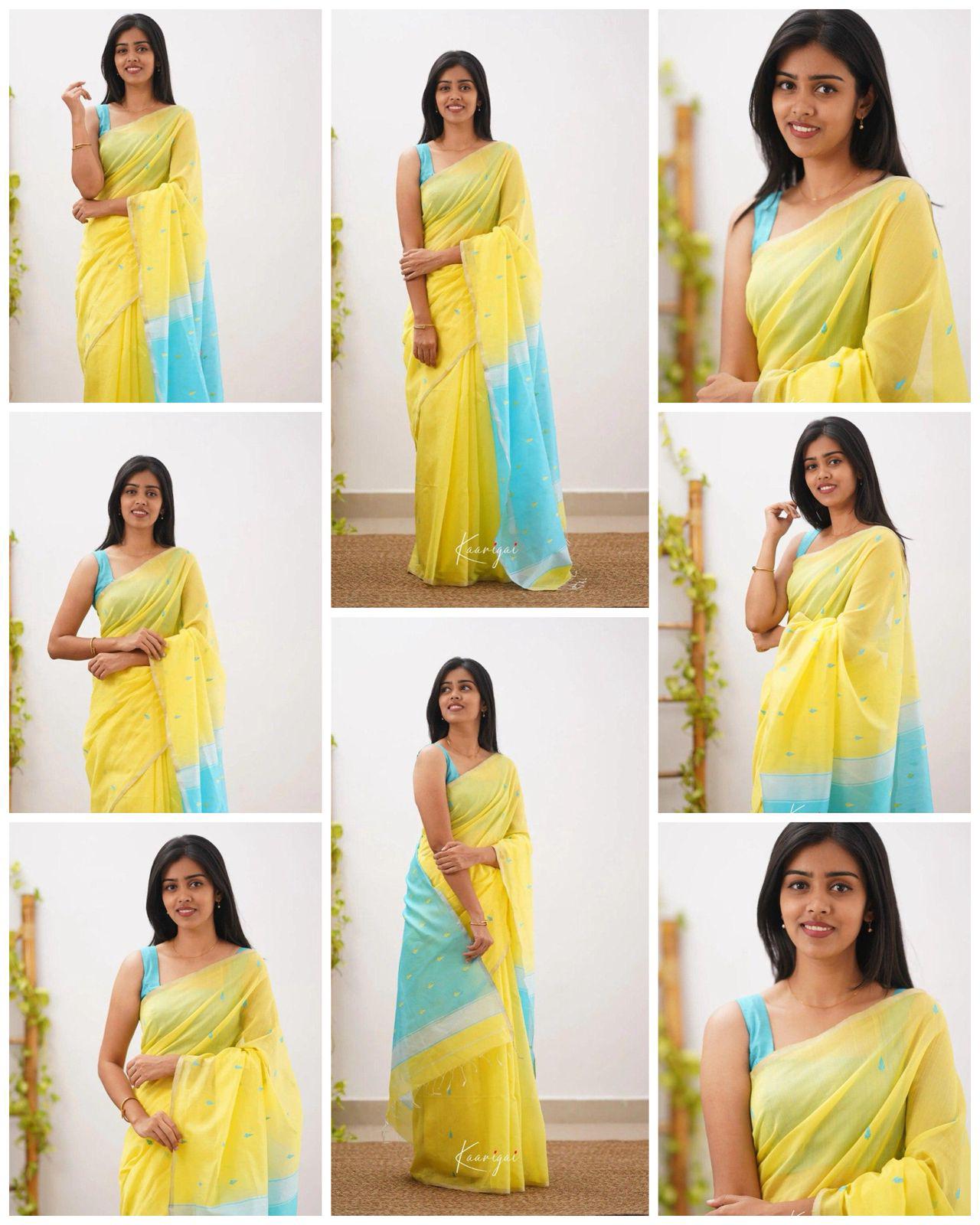 Yellow Pure Linen Ultra Soft Resham Weaved Borderless Saree