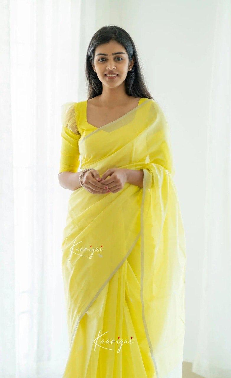 Lemon Pure Linen Ultra Soft Resham Weaved Borderless Saree